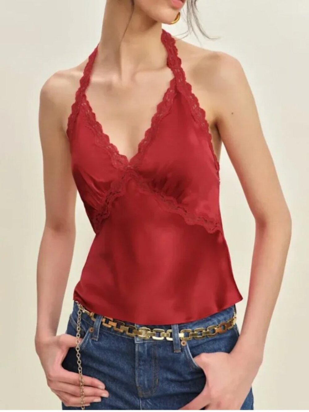 Reformation Monica Silk Top Small Lipstick Red Halter Lace Party